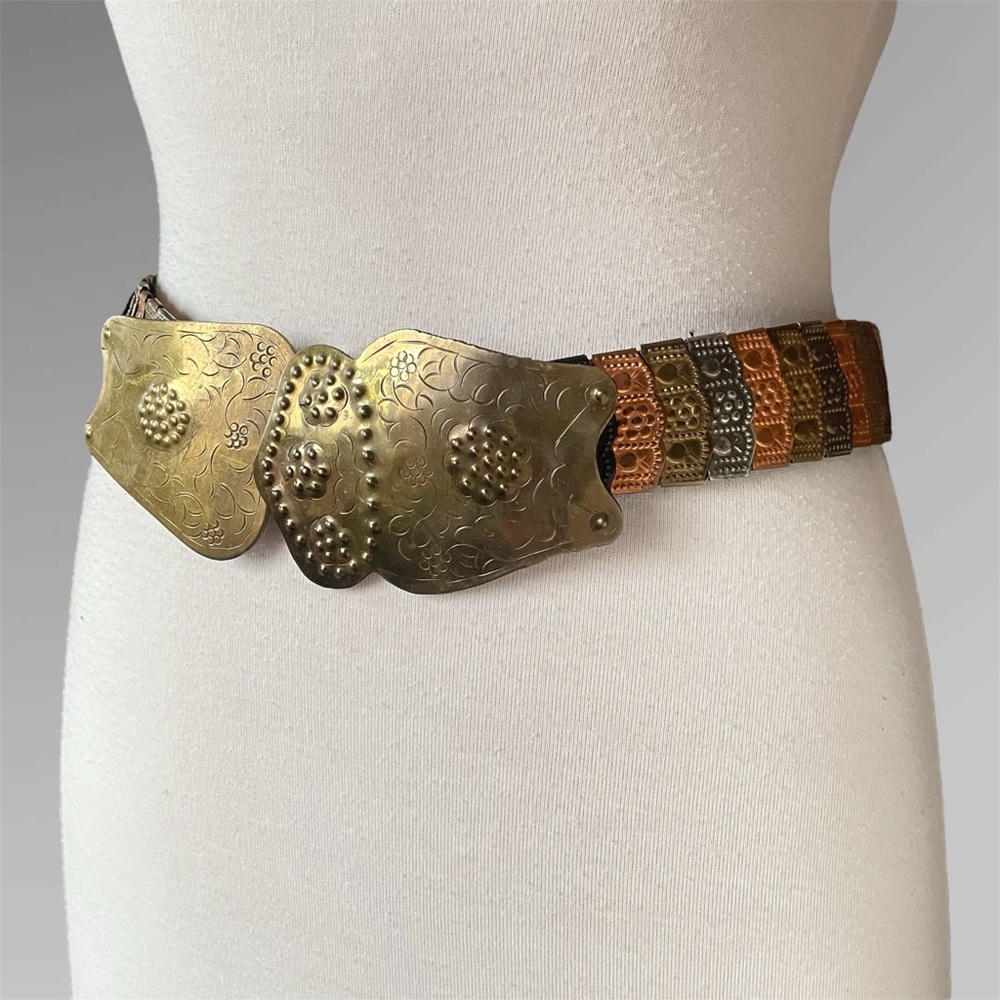 Vintage Hammered Brass Metal & Velvet Articulated Statement Antique Folk Belt